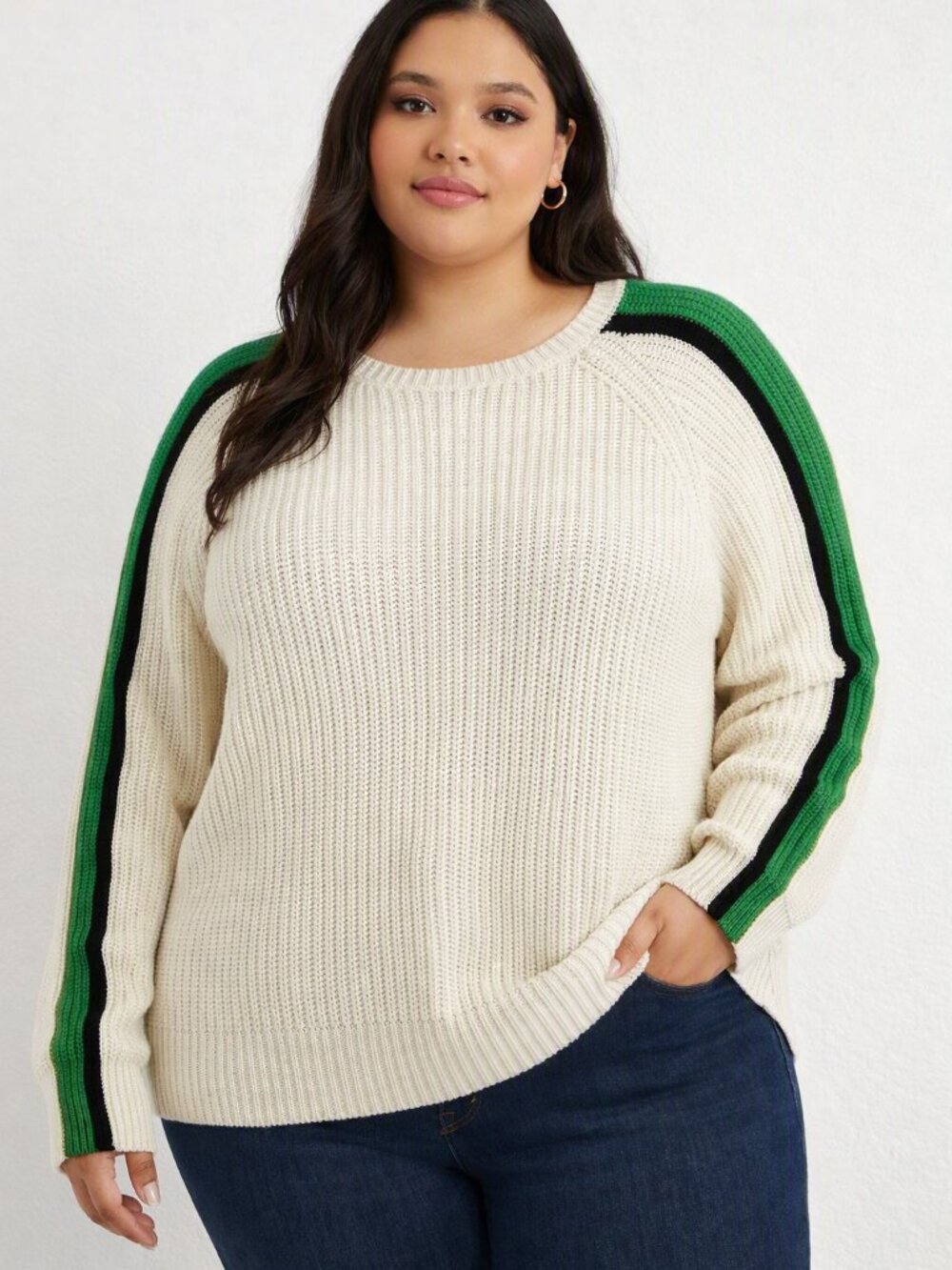 Sanctuary White Crewneck Sweater with Green & Black Shoulder Stripes